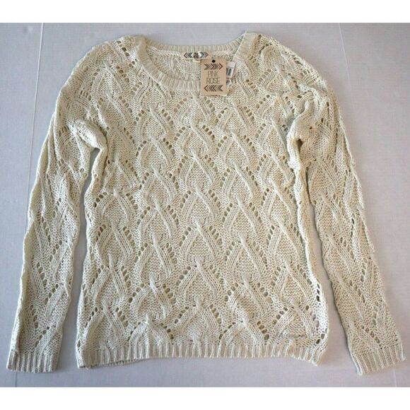 Pink Rose PF415358M Women's Sz S Bone White L/S Open Knit Scoop Neck Sweater - Picture 1 of 4